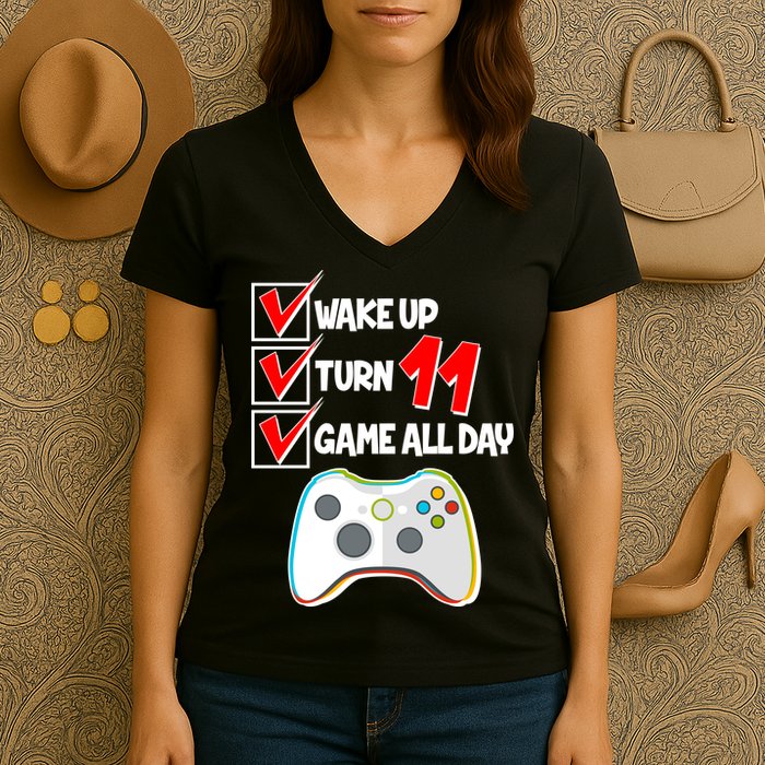 Wake Up Turn Eleven Game All Day 11th Birthday Women's V-Neck T-Shirt