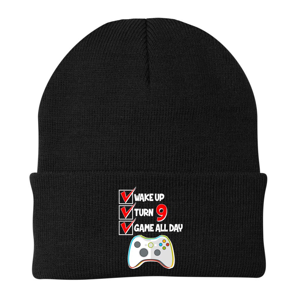 Wake Up Turn Nine Game All Day 9th Birthday Beanie