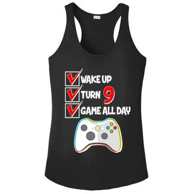 Wake Up Turn Nine Game All Day 9th Birthday Ladies PosiCharge Competitor Racerback Tank
