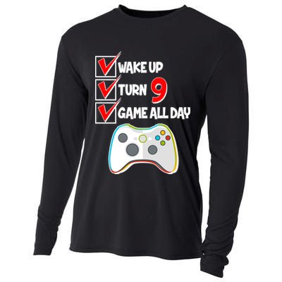 Wake Up Turn Nine Game All Day 9th Birthday Cooling Performance Long Sleeve Crew