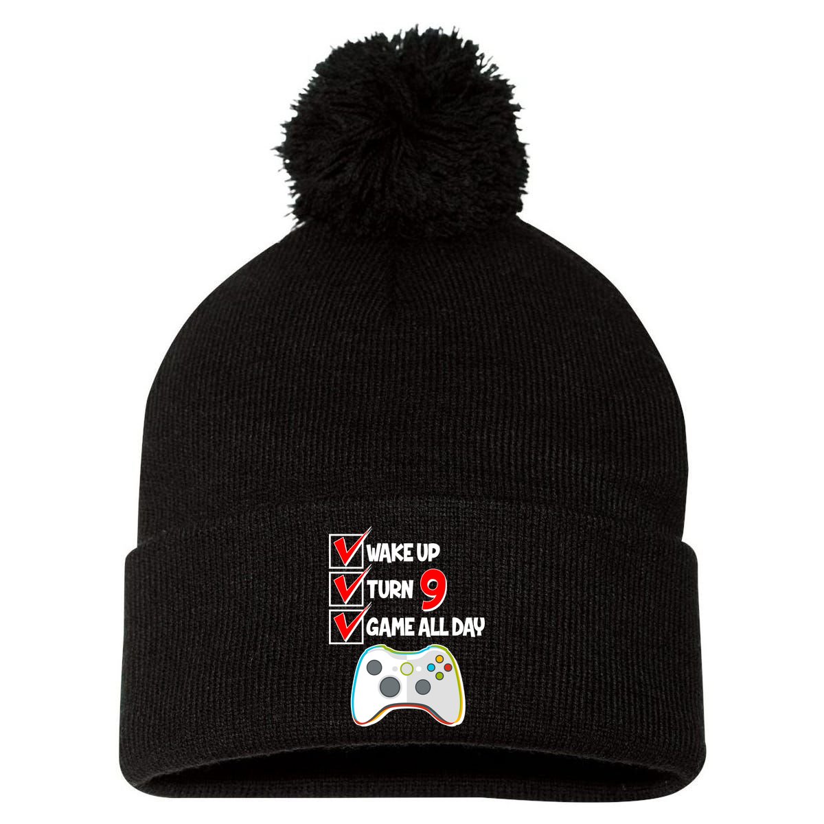 Wake Up Turn Nine Game All Day 9th Birthday Pom Pom 12in Knit Beanie