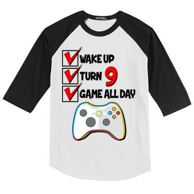 Wake Up Turn Nine Game All Day 9th Birthday Kids Colorblock Raglan Jersey