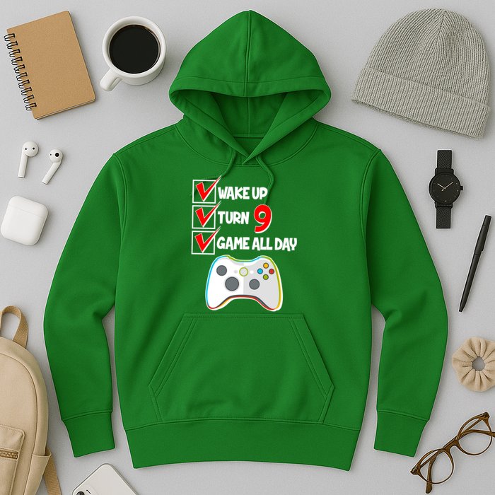 Wake Up Turn Nine Game All Day 9th Birthday Hoodie