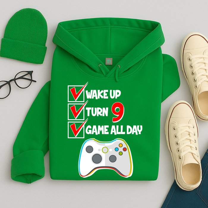 Wake Up Turn Nine Game All Day 9th Birthday Hoodie