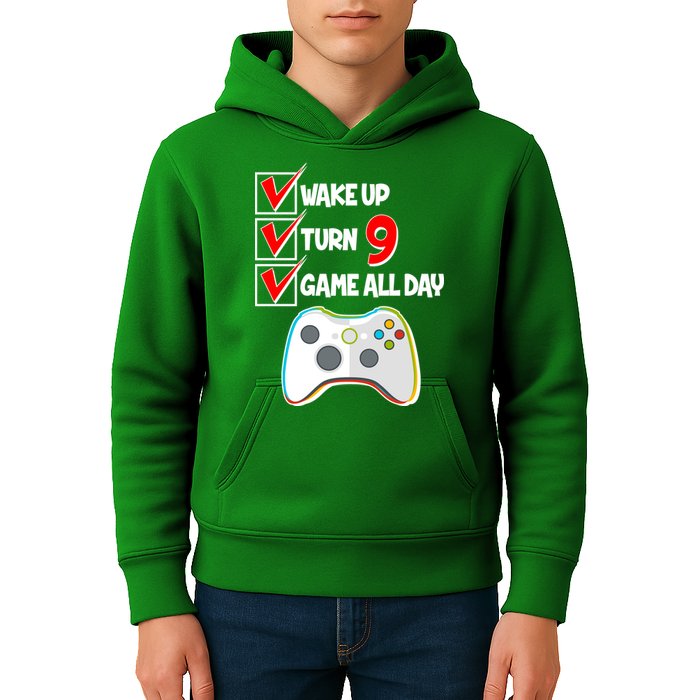 Wake Up Turn Nine Game All Day 9th Birthday Kids Hoodie