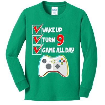 Wake Up Turn Nine Game All Day 9th Birthday Kids Long Sleeve Shirt