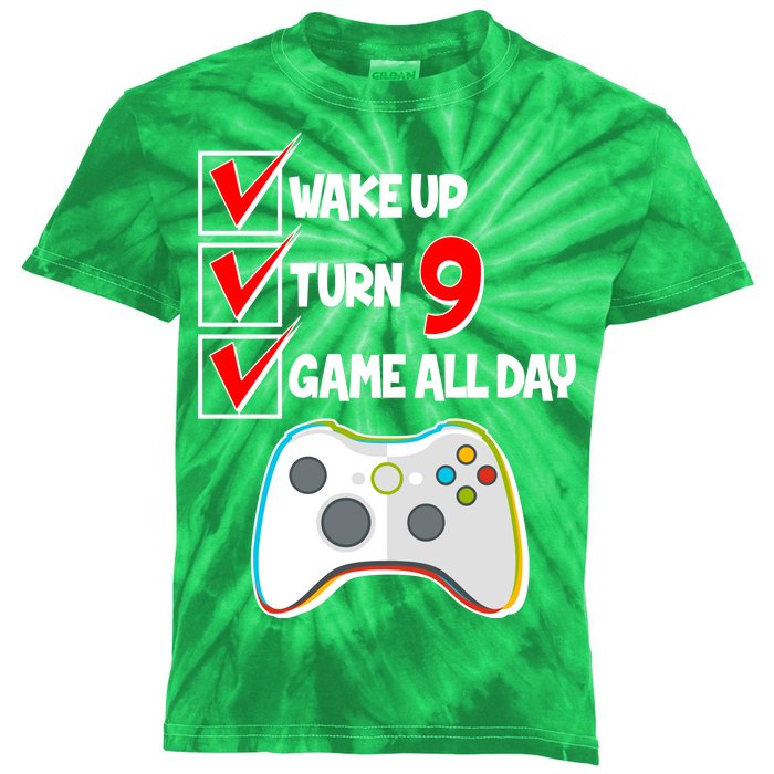 Wake Up Turn Nine Game All Day 9th Birthday Kids Tie-Dye T-Shirt