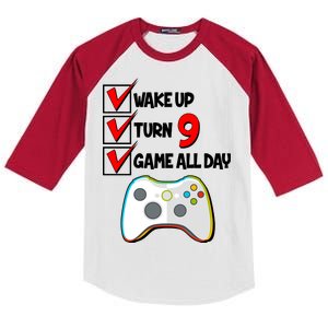 Wake Up Turn Nine Game All Day 9th Birthday Kids Colorblock Raglan Jersey