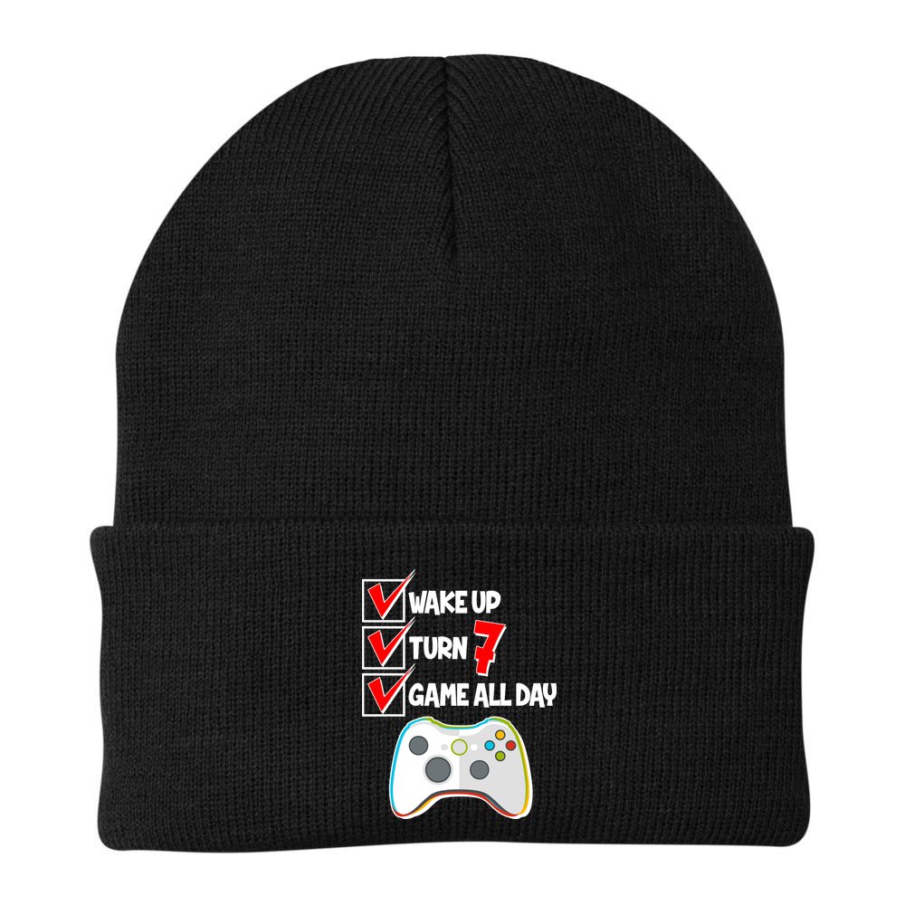 Wake Up Turn Seven Game All Day 7th Birthday Beanie