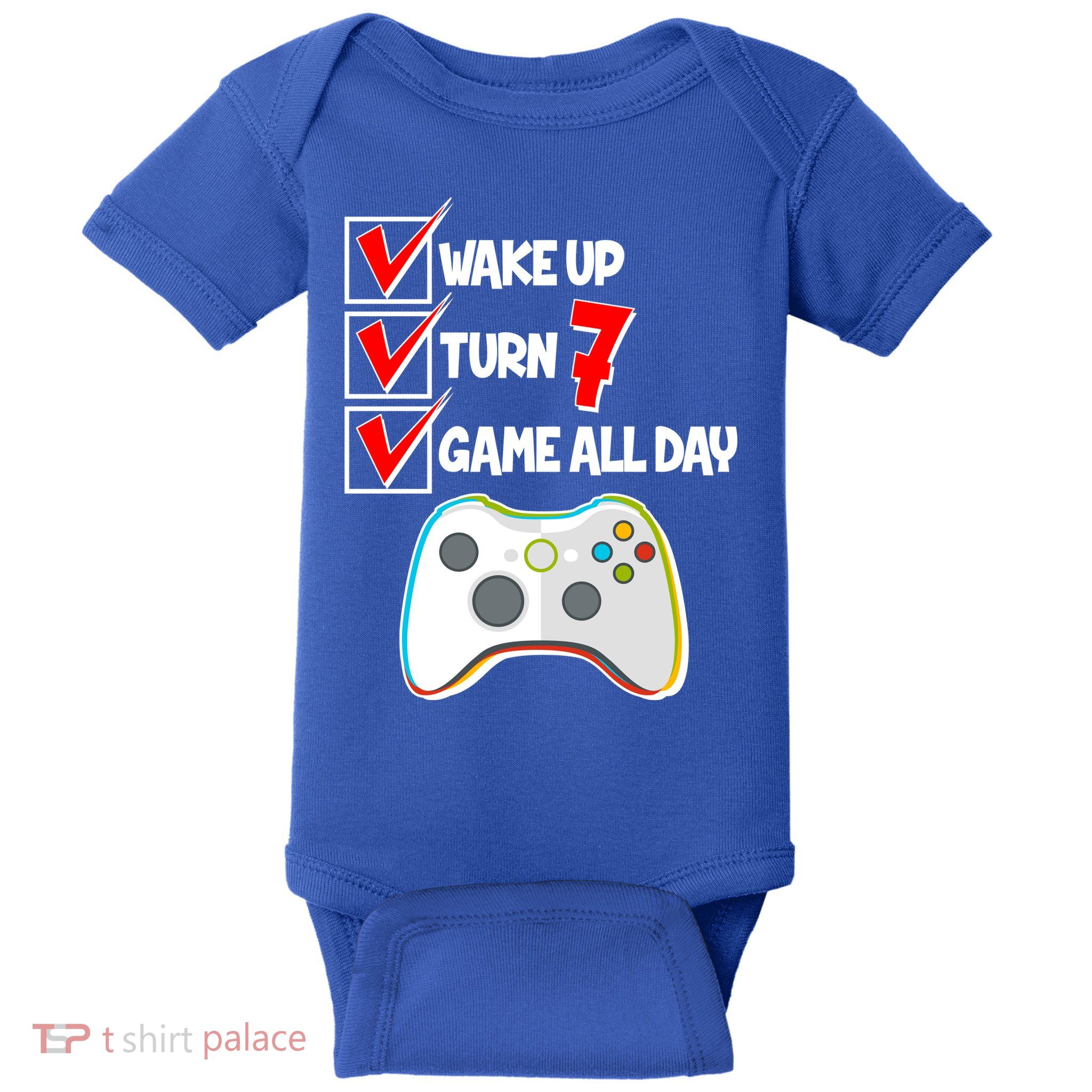Wake Up Turn Seven Game All Day 7th Birthday Baby Bodysuit