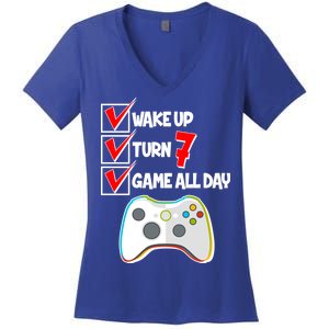 Wake Up Turn Seven Game All Day 7th Birthday Women's V-Neck T-Shirt