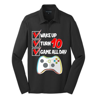 Wake Up Turn Ten Game All Day 10th Birthday Silk Touch Performance Long Sleeve Polo