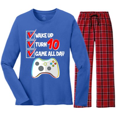 Wake Up Turn Ten Game All Day 10th Birthday Women's Long Sleeve Flannel Pajama Set 