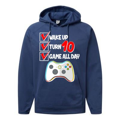 Wake Up Turn Ten Game All Day 10th Birthday Performance Fleece Hoodie