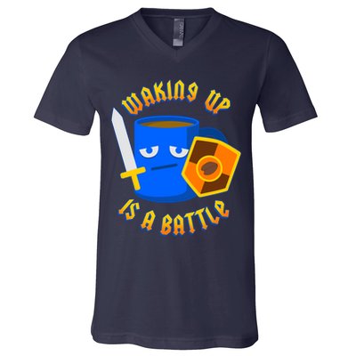 Waking Up is a Battle Funny Coffee V-Neck T-Shirt