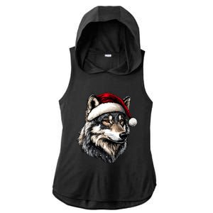 Wild Animals Lover Christmas Gift Wolf Santa Hat Ladies PosiCharge Tri-Blend Wicking Draft Hoodie Tank