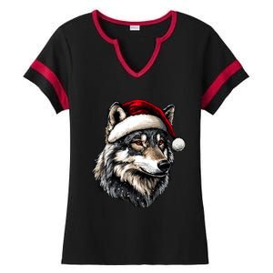 Wild Animals Lover Christmas Gift Wolf Santa Hat Ladies Halftime Notch Neck Tee