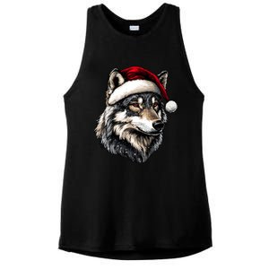 Wild Animals Lover Christmas Gift Wolf Santa Hat Ladies PosiCharge Tri-Blend Wicking Tank