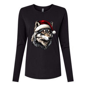 Wild Animals Lover Christmas Gift Wolf Santa Hat Womens Cotton Relaxed Long Sleeve T-Shirt