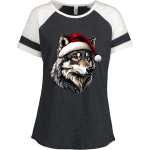 Wild Animals Lover Christmas Gift Wolf Santa Hat Enza Ladies Jersey Colorblock Tee