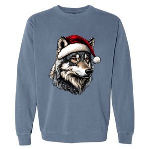 Wild Animals Lover Christmas Gift Wolf Santa Hat Garment-Dyed Sweatshirt