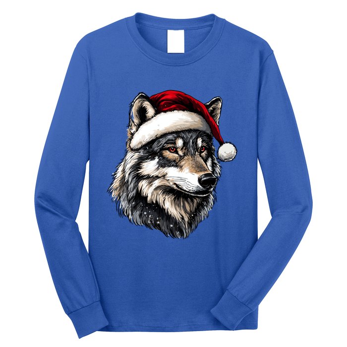 Wild Animals Lover Christmas Gift Wolf Santa Hat Long Sleeve Shirt