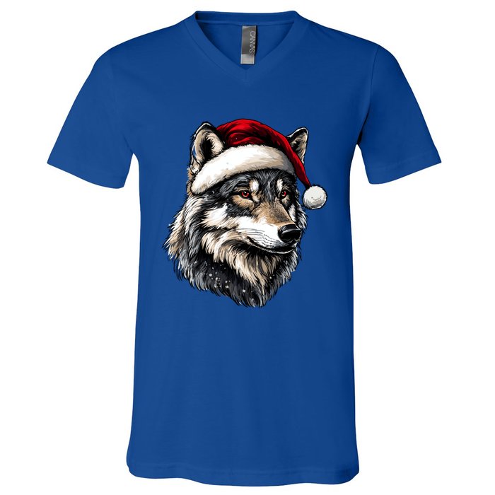 Wild Animals Lover Christmas Gift Wolf Santa Hat V-Neck T-Shirt