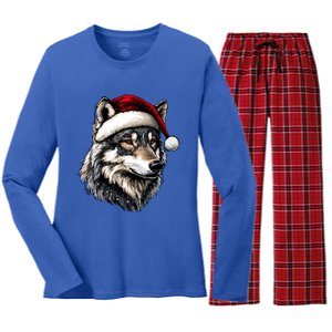 Wild Animals Lover Christmas Gift Wolf Santa Hat Women's Long Sleeve Flannel Pajama Set 