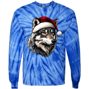 Wild Animals Lover Christmas Gift Wolf Santa Hat Tie-Dye Long Sleeve Shirt