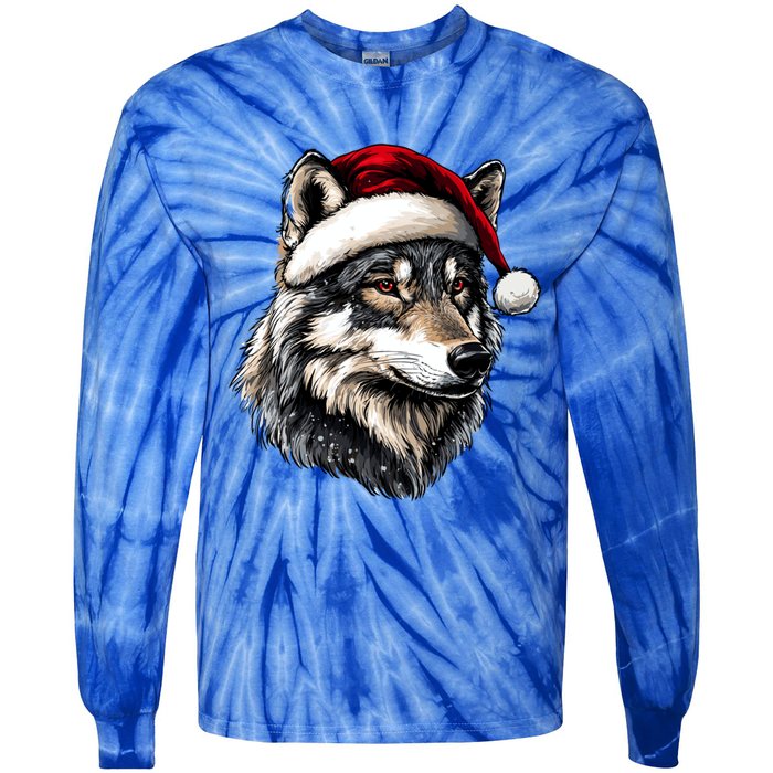 Wild Animals Lover Christmas Gift Wolf Santa Hat Tie-Dye Long Sleeve Shirt