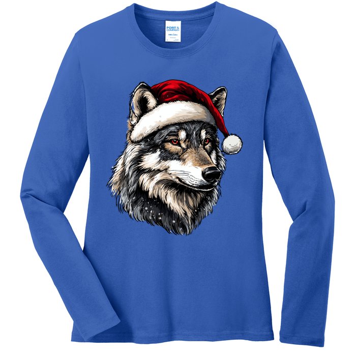 Wild Animals Lover Christmas Gift Wolf Santa Hat Ladies Long Sleeve Shirt