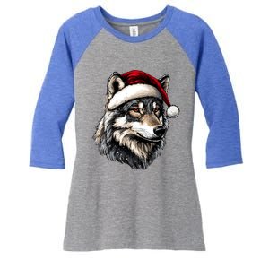 Wild Animals Lover Christmas Gift Wolf Santa Hat Women's Tri-Blend 3/4-Sleeve Raglan Shirt