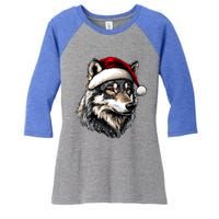 Wild Animals Lover Christmas Gift Wolf Santa Hat Women's Tri-Blend 3/4-Sleeve Raglan Shirt