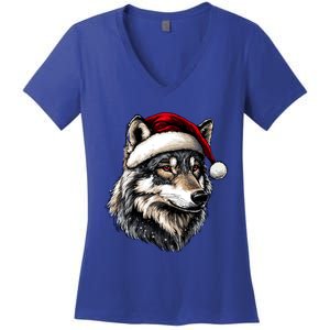 Wild Animals Lover Christmas Gift Wolf Santa Hat Women's V-Neck T-Shirt