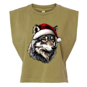 Wild Animals Lover Christmas Gift Wolf Santa Hat Garment-Dyed Women's Muscle Tee