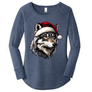 Wild Animals Lover Christmas Gift Wolf Santa Hat Women's Perfect Tri Tunic Long Sleeve Shirt