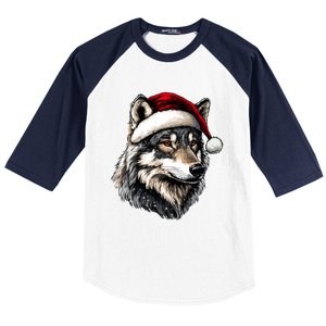 Wild Animals Lover Christmas Gift Wolf Santa Hat Baseball Sleeve Shirt