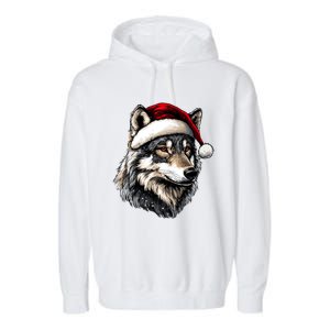 Wild Animals Lover Christmas Gift Wolf Santa Hat Garment-Dyed Fleece Hoodie