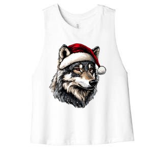 Wild Animals Lover Christmas Gift Wolf Santa Hat Women's Racerback Cropped Tank