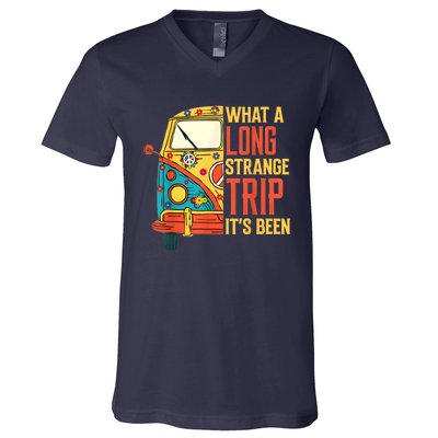 What A Long Strange Trip ItS Been 70s Hippie Camping Lover V-Neck T-Shirt