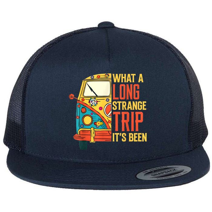 What A Long Strange Trip ItS Been 70s Hippie Camping Lover Flat Bill Trucker Hat
