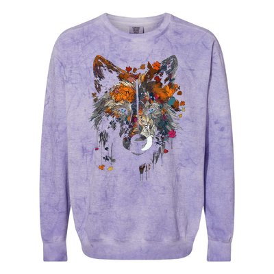 Wolf Autumn Leaves Blue Eyes Animal Art Motif Wolf Colorblast Crewneck Sweatshirt