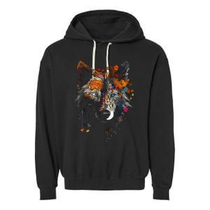 Wolf Autumn Leaves Blue Eyes Animal Art Motif Wolf Garment-Dyed Fleece Hoodie