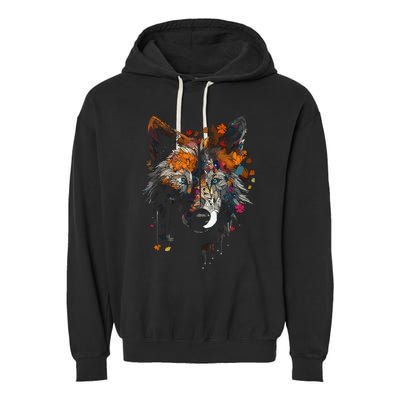 Wolf Autumn Leaves Blue Eyes Animal Art Motif Wolf Garment-Dyed Fleece Hoodie