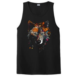 Wolf Autumn Leaves Blue Eyes Animal Art Motif Wolf PosiCharge Competitor Tank