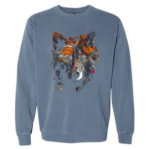 Wolf Autumn Leaves Blue Eyes Animal Art Motif Wolf Garment-Dyed Sweatshirt