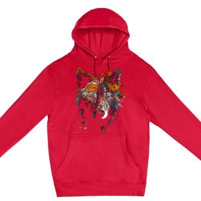 Wolf Autumn Leaves Blue Eyes Animal Art Motif Wolf Premium Pullover Hoodie