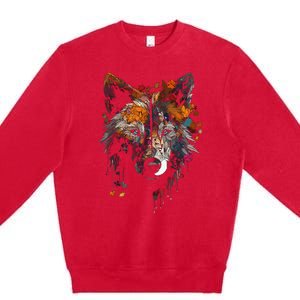 Wolf Autumn Leaves Blue Eyes Animal Art Motif Wolf Premium Crewneck Sweatshirt