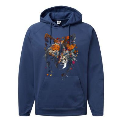 Wolf Autumn Leaves Blue Eyes Animal Art Motif Wolf Performance Fleece Hoodie