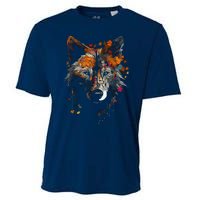 Wolf Autumn Leaves Blue Eyes Animal Art Motif Wolf Cooling Performance Crew T-Shirt